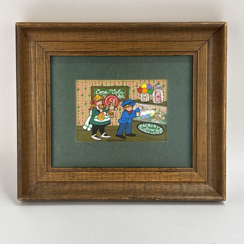Jo Sickberth Framed Art Primitive Folk Art Coca Cola Candy Shop Cottage Core